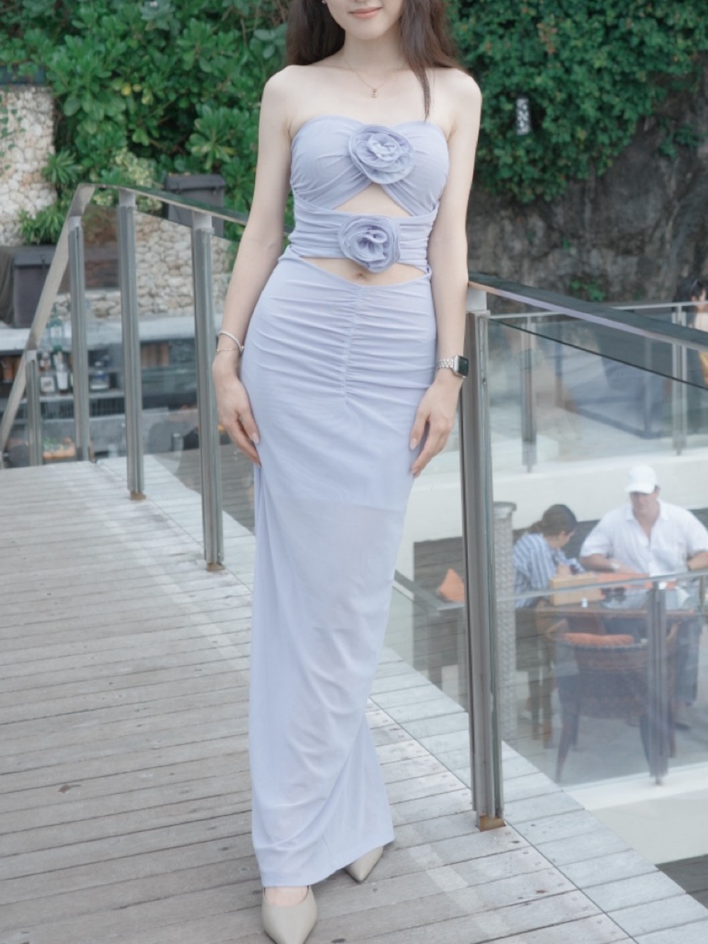Lavender Strapless Evening Gown with Rosette Accents PROM DRESS